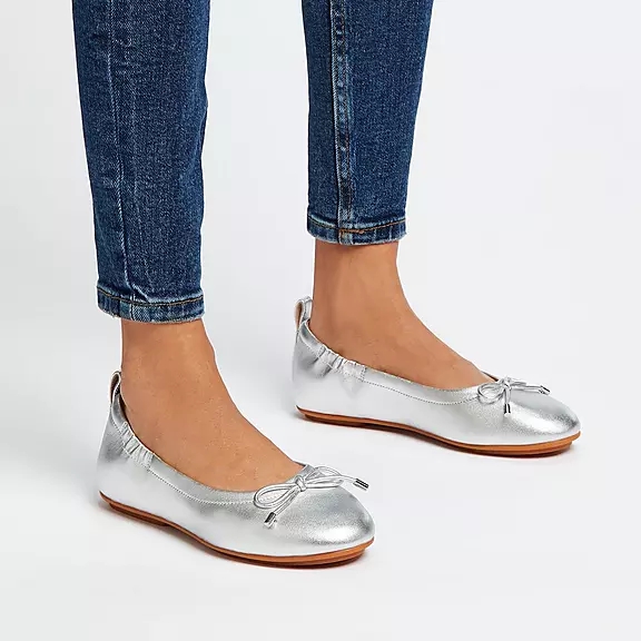 FitFlop ALLEGRO Bow Metallic Læder Ballerina Sko Sølv | 26614228