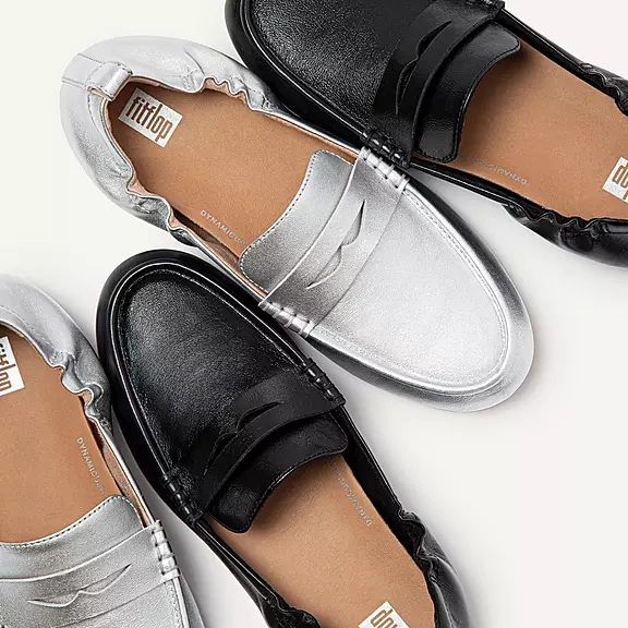 FitFlop ALLEGRO Metallic Læder Penny Loafers Sølv | 58461255