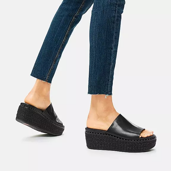 FitFlop ELOISE Espadrillos Læder Wedge Plateau Sandaler Sort | 18488405