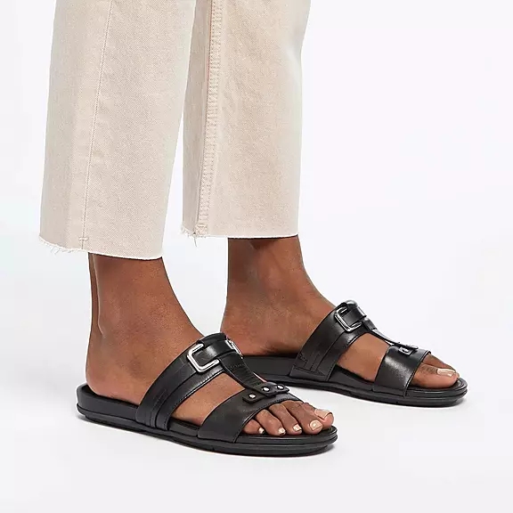FitFlop GRACIE Stud-Přezkou Læder Badesandaler Sort | 47956152