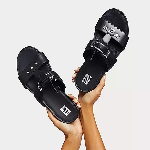 FitFlop GRACIE Stud-Přezkou Læder Badesandaler Sort | 47956152