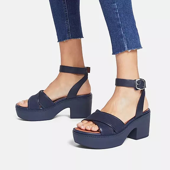 FitFlop PILAR Lærred Ankle-Páskové Plateau Sandaler Mørkeblå | 89181934